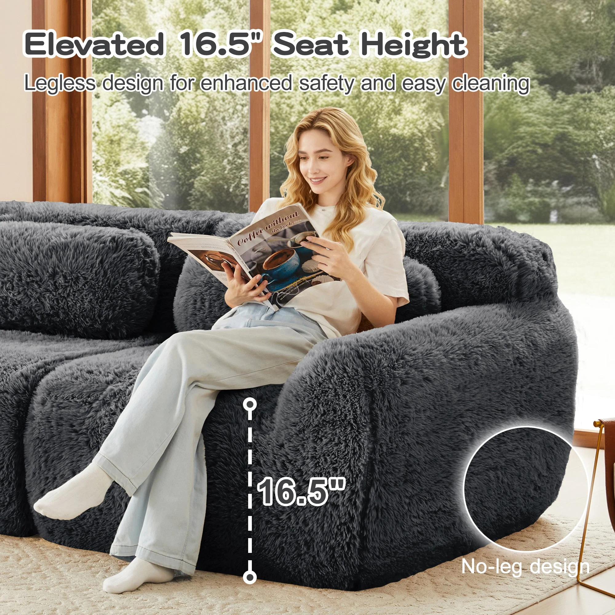 Soft Teddy Plush Ergonomic Design L-shaped Loveseat Sofa with Ottoman