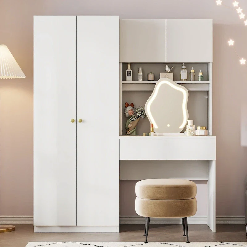 4-in-1 Wardrobe Closet with Makeup Vanity Desk Set, Bedroom Armoire with Lighted Mirror, Double Door Armoire