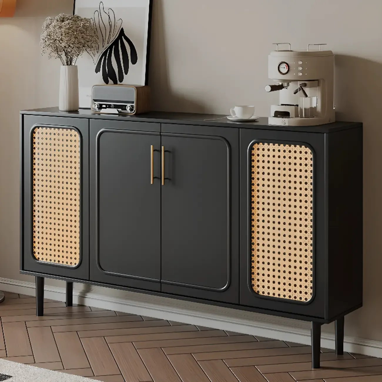 Modern Ink Wood Slab Buffet with Adjustable Shelving