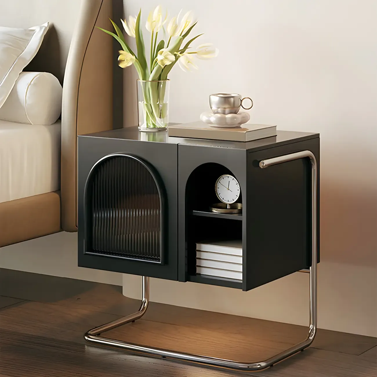 Narrow Cubic Wooden Black Nightstand in Steel Base