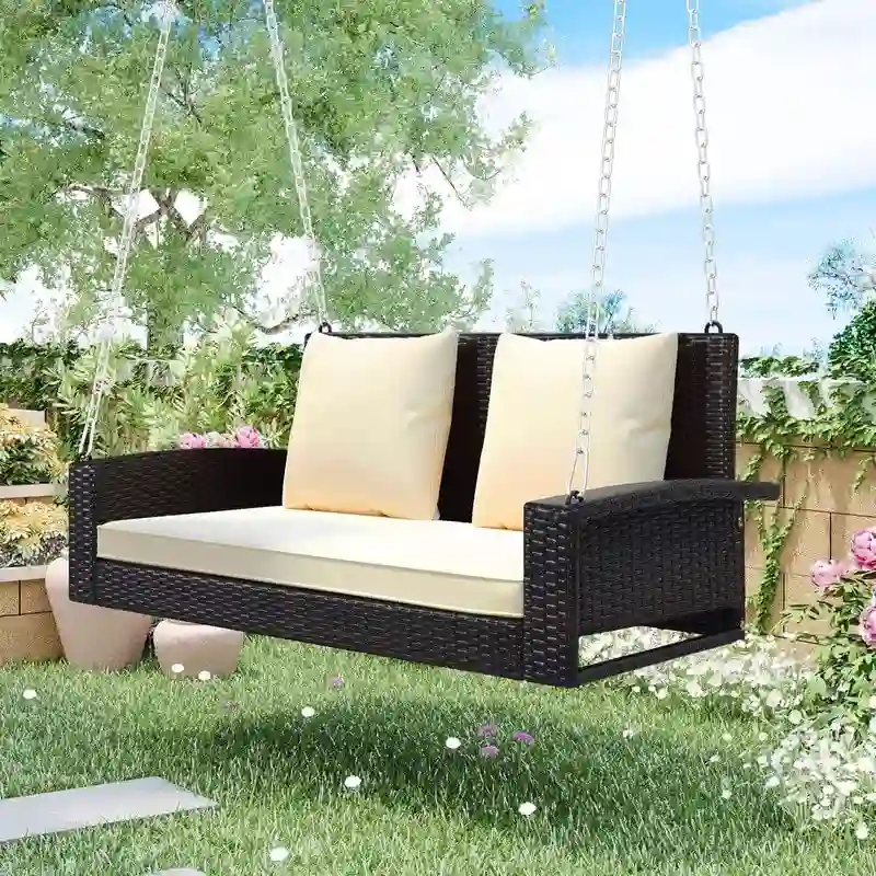 Porch Swings Outdoor 500 Lbs,Wicker Hanging with Chains & Cushions