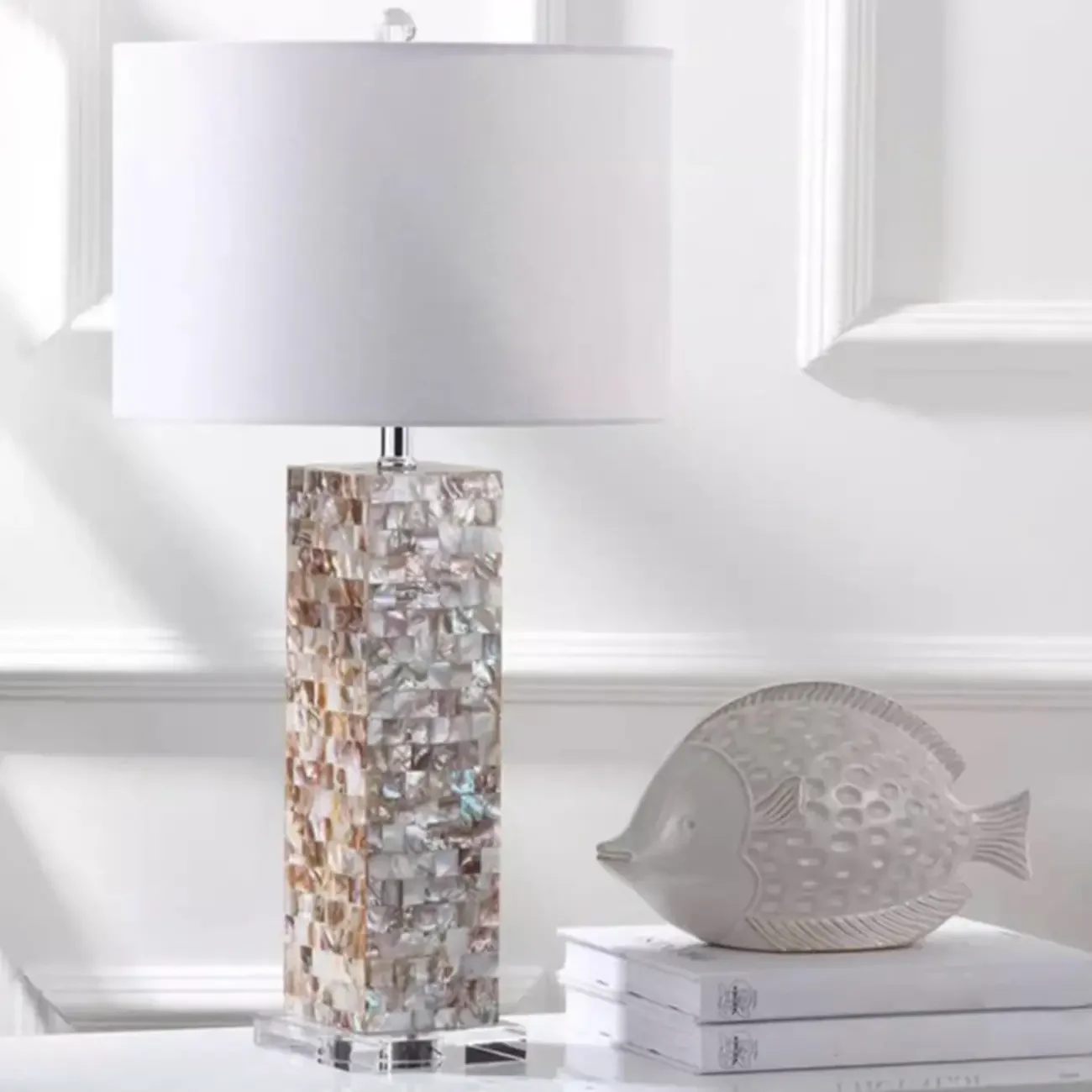 Elegant Shell Base LED Table Lamp with Linen Shade