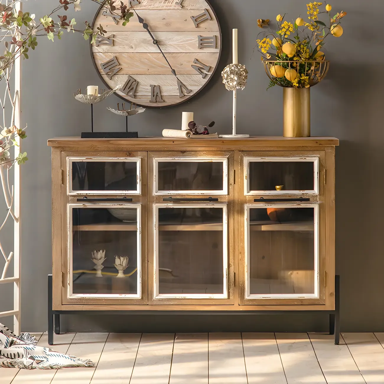 French Country Brown Wood China Cabinet with Glass Door