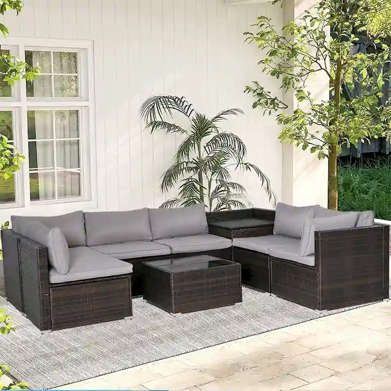 8-Piece Brown&Grey Outdoor Rattan Furniture Sets with 6 Sofas, 1 Coffee Table, Storage Box & Cushions