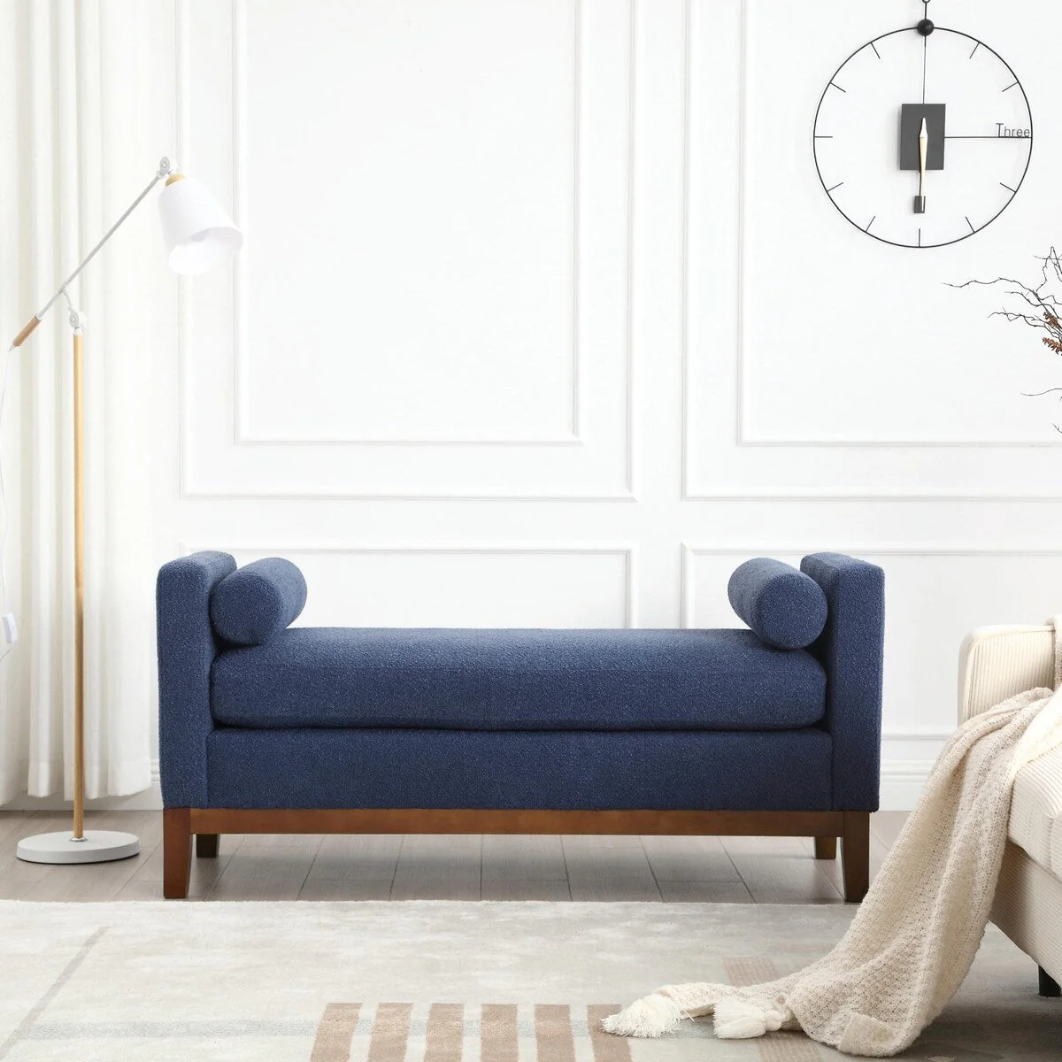 Elegant 53.5 Upholstered Ottoman Bench with Wood Legs & Bolster Pillows