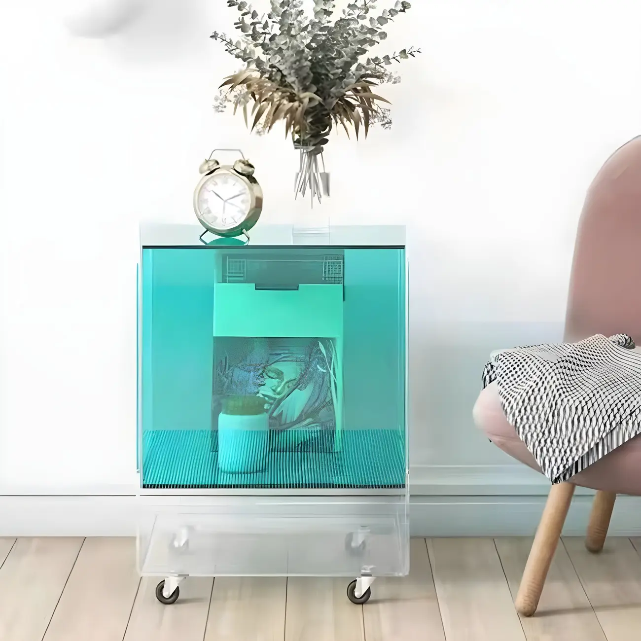 Modish Transparent Acrylic Nightstand with Open Shelf & Wheels