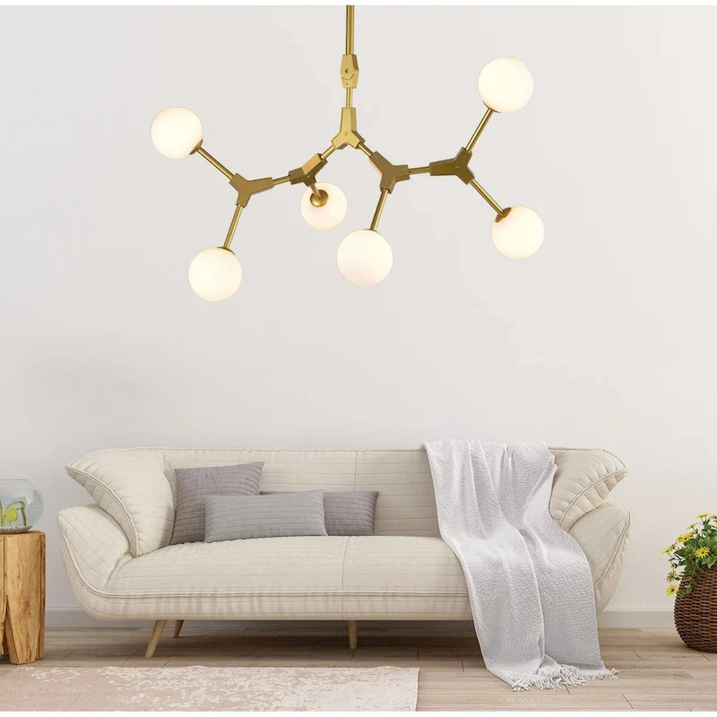 6 Light Gold Iron Pendant Lighting With White Glass Shade