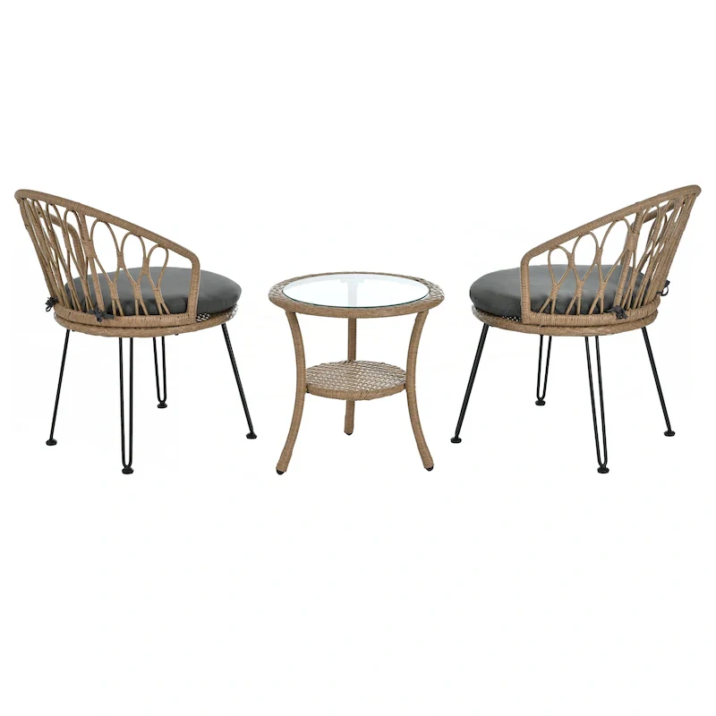 2 Rattan Single Chairs with A Glass Round Table
