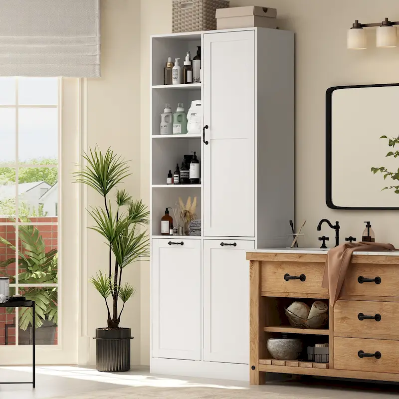 Sleek White Laundry Bathroom Cabinet with Unique Rotating Drawers