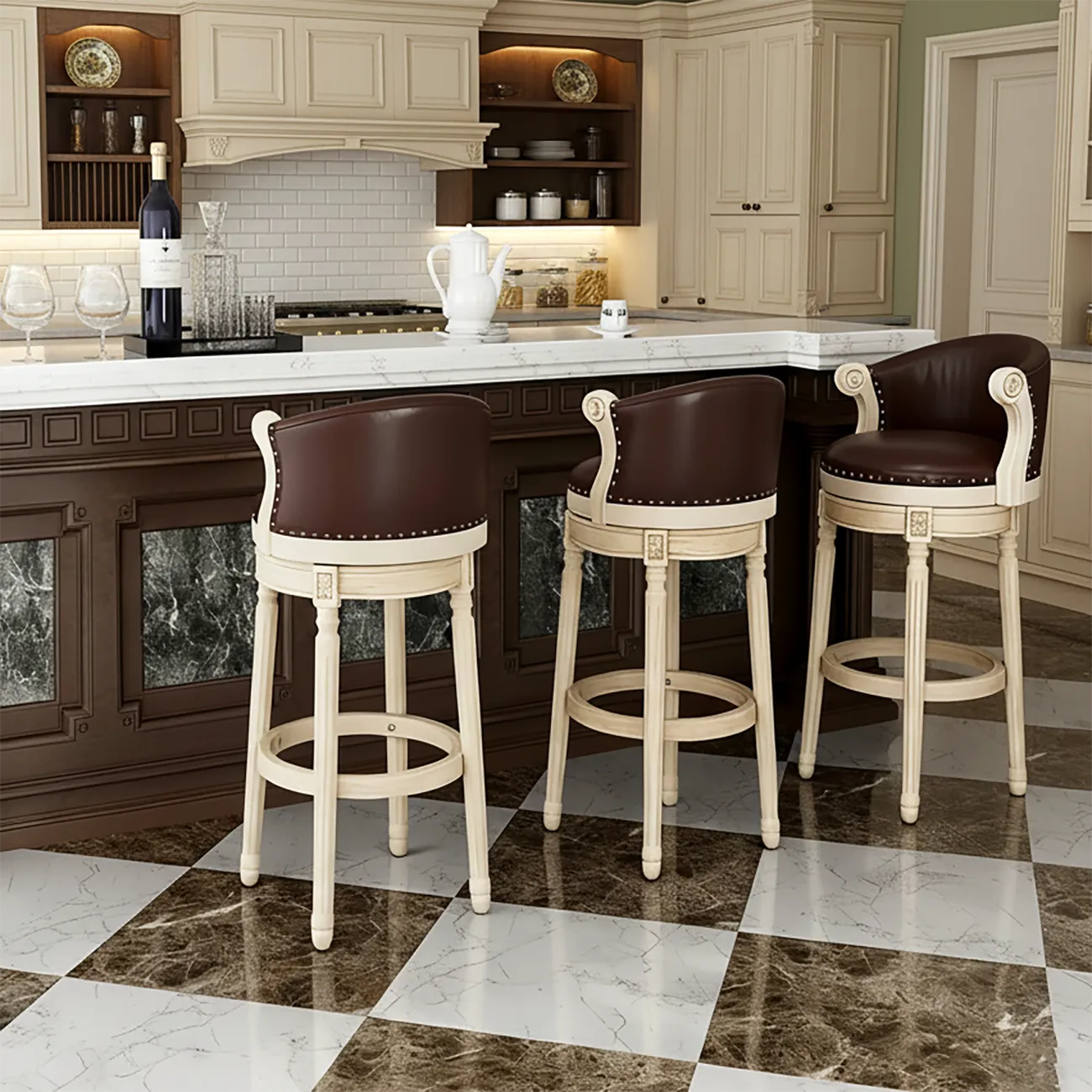 Solid Wood Leather Swivel Counter Stools with Backs