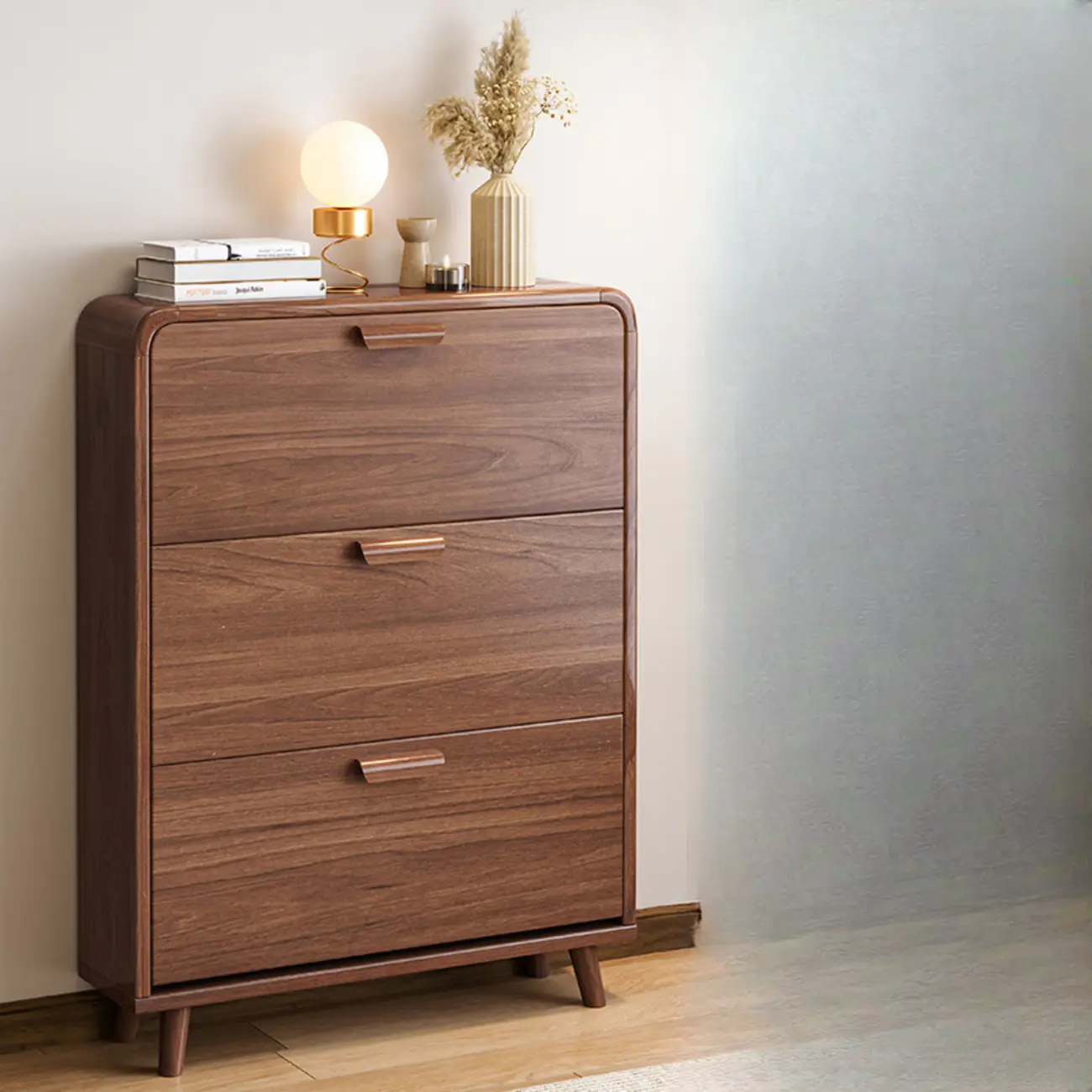 Traditional Hidden Adjustable 3 Tiers Solid Wood Shoe Cabinet