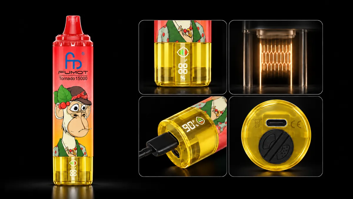 FUMOT Tornado 15000 Fizzy Cherry – Detailansichten von Display, Heizsystem, USB-C-Anschluss und Luftregulierung