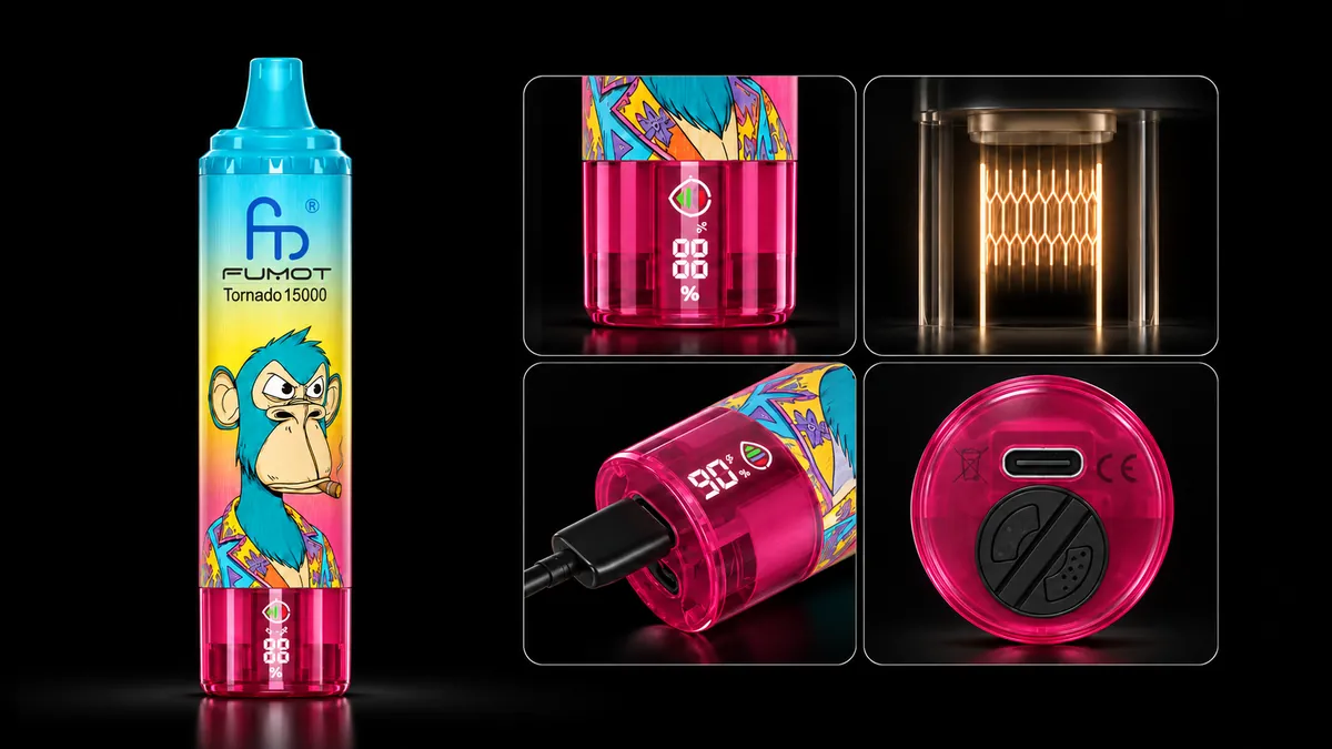 FUMOT Tornado 15000 Blue Razz Gummy Bear – Detailansichten von Display, Heizsystem, USB-C-Anschluss und Luftregulierung