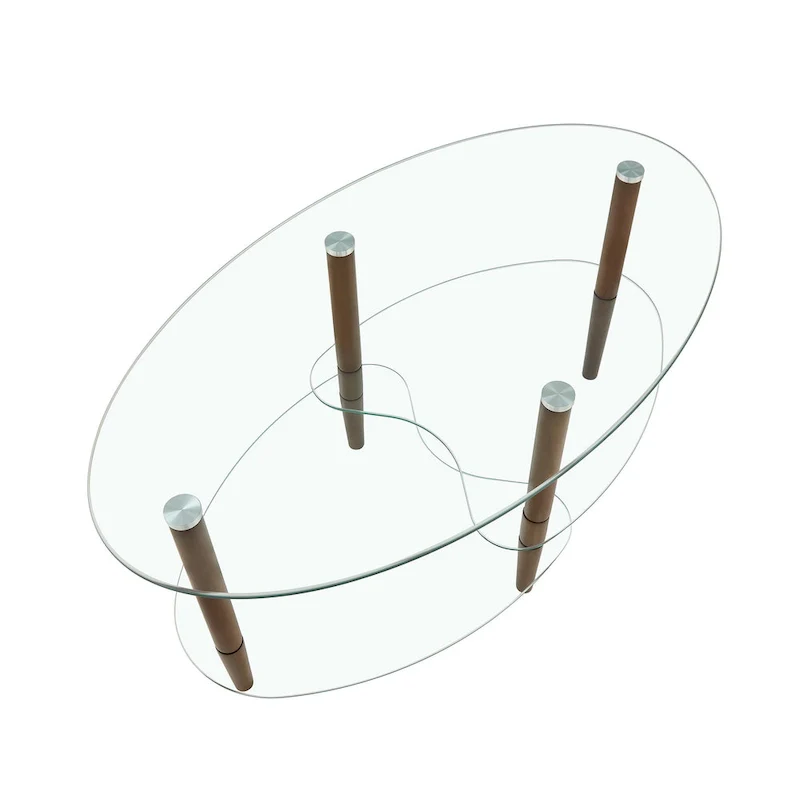 Oval glass coffee table, Transparent coffee table, modern table in living room with Oak wood legs, tea table