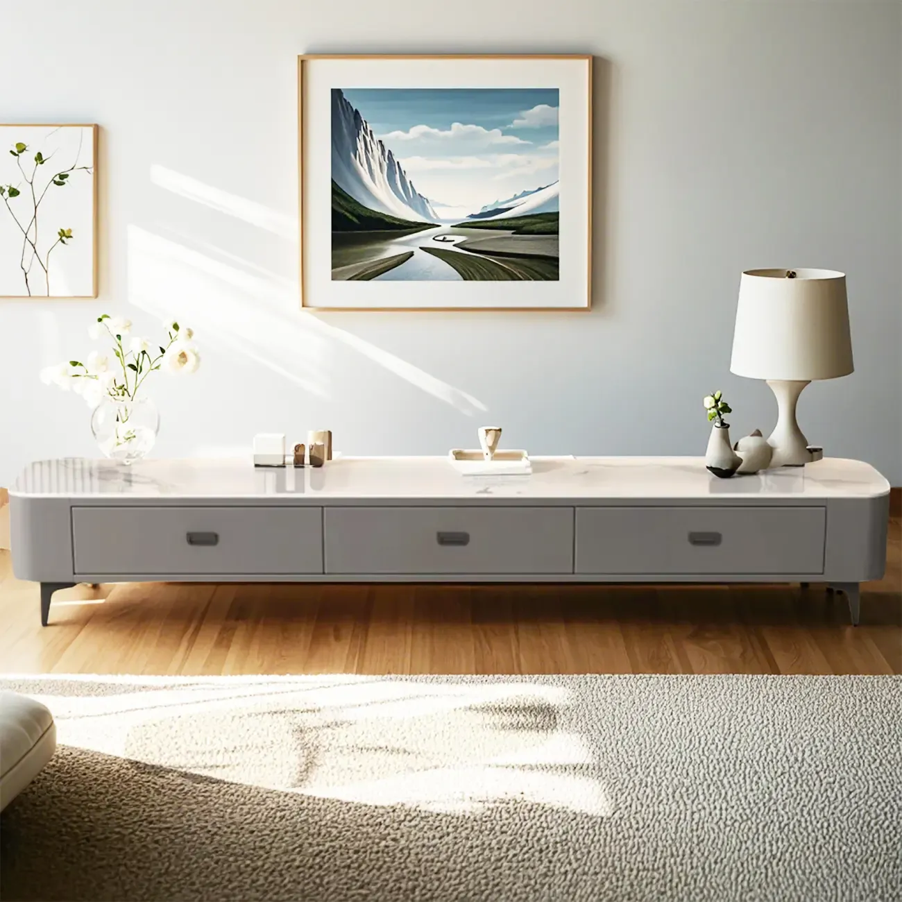 Modern Marble Top TV Stand with Enclosed Storage for Living Room