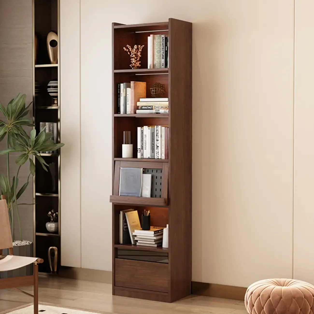 Mid Centyury Tall Brown Vertical Wood Bookcase with Drawers