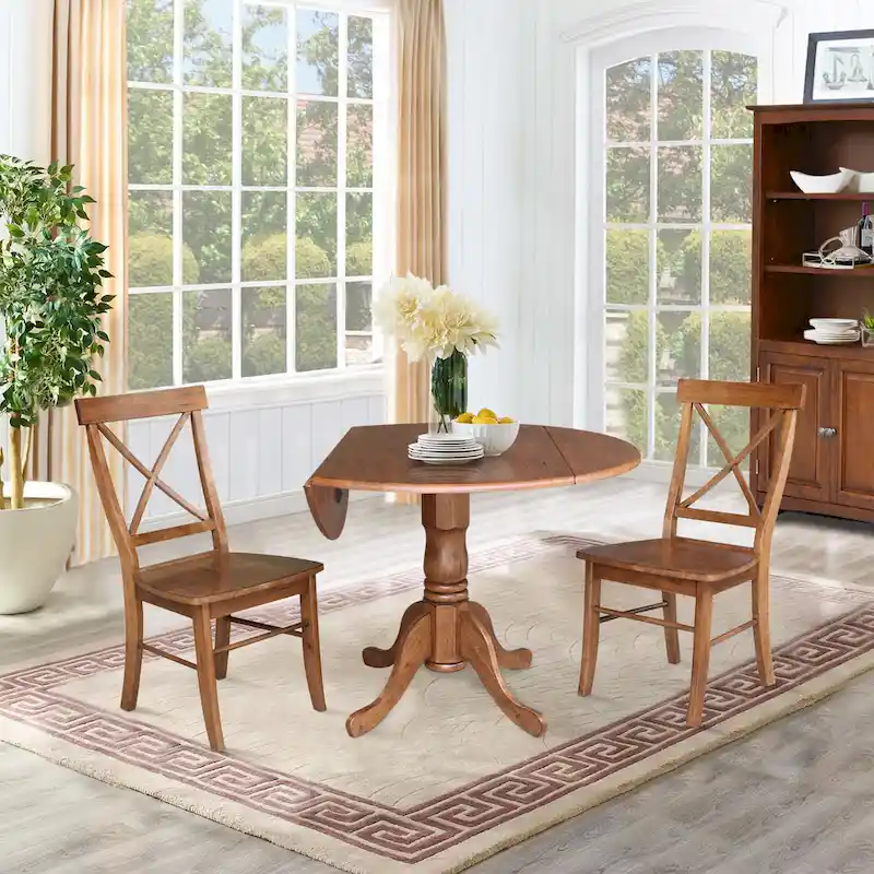 42 Solid Wood Dual Drop Leaf Table With 2 X-Back Chairs - 3 Piece Set