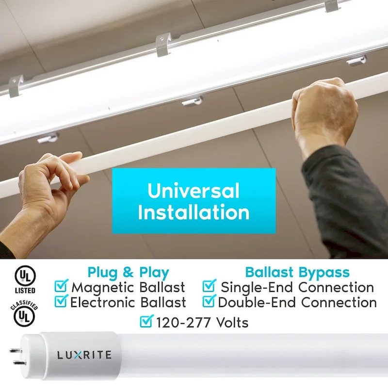 Luxrite 4FT T8 LED Tube Light, Ballast and Ballast Bypass, 13W=32W, 1800 Lumens, Damp Rated 4 Pack