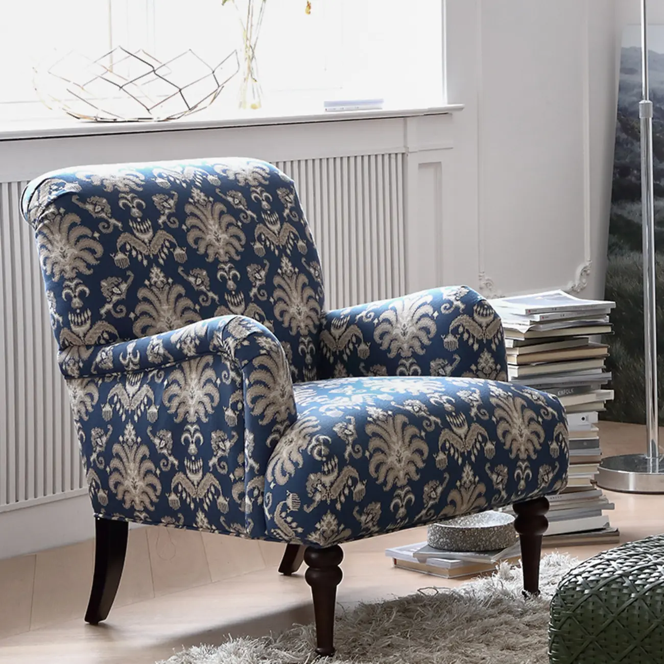 Striped Fabric Barrel Chair in Cerulean with Armrests