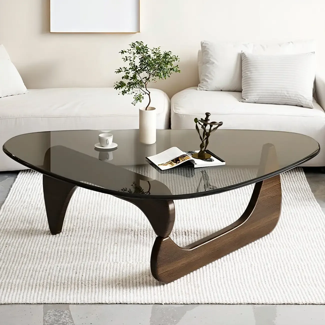 Modern Triangle Glass Coffee Table Wooden Base