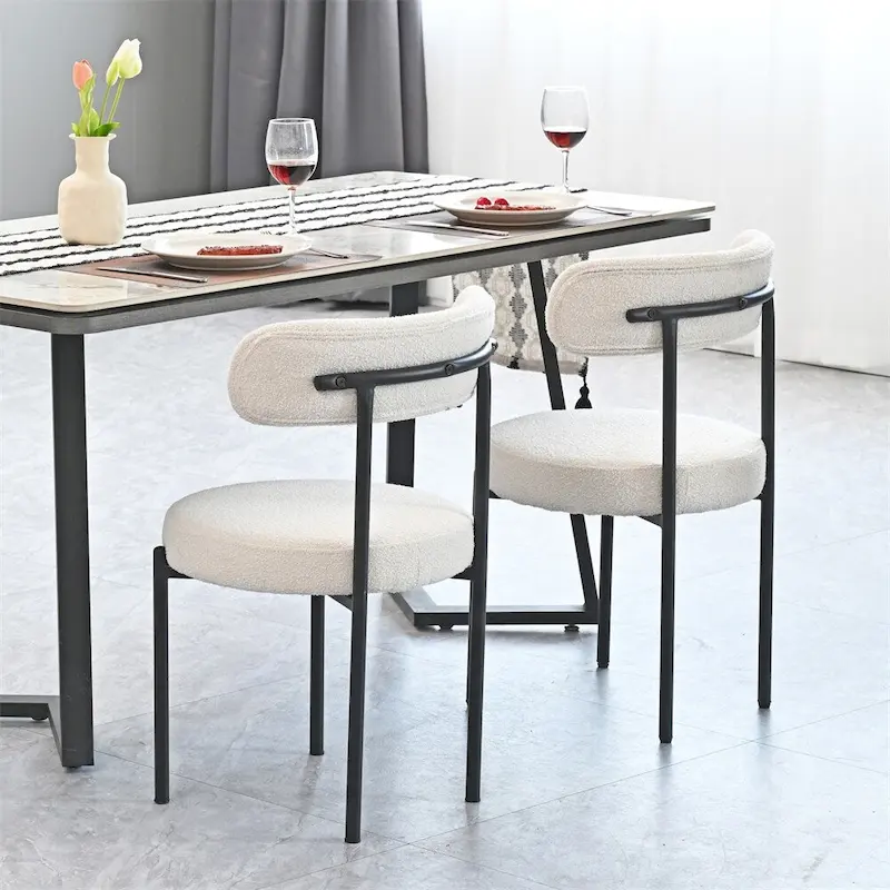 Boucle Dining Chairs,Mid-Century Modern Curved Backrest Chair,2 PCS