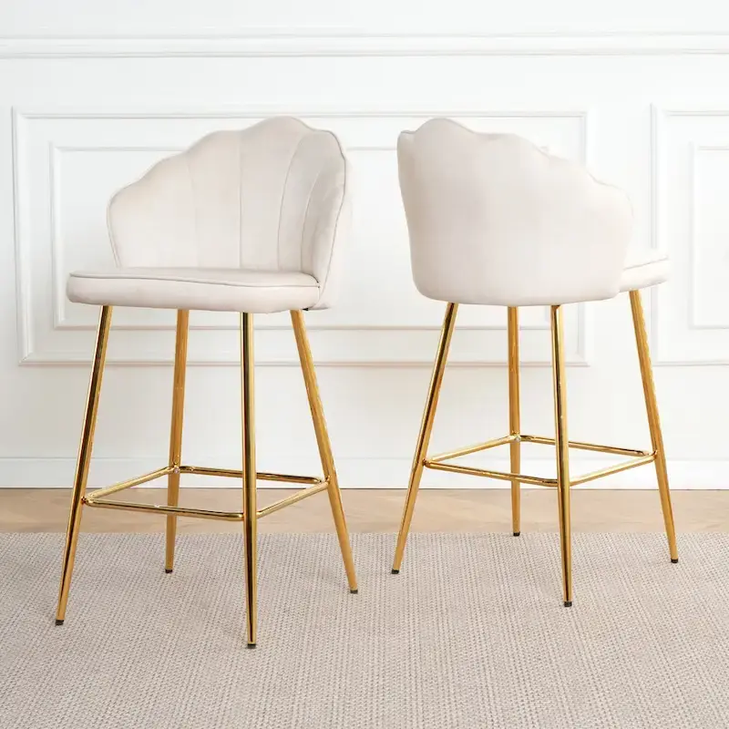 Velvet Shell Bar Stools Set of 2, Counter Height Chairs with Metal Legs, Upholstered Kitchen Island Chairs with Footres