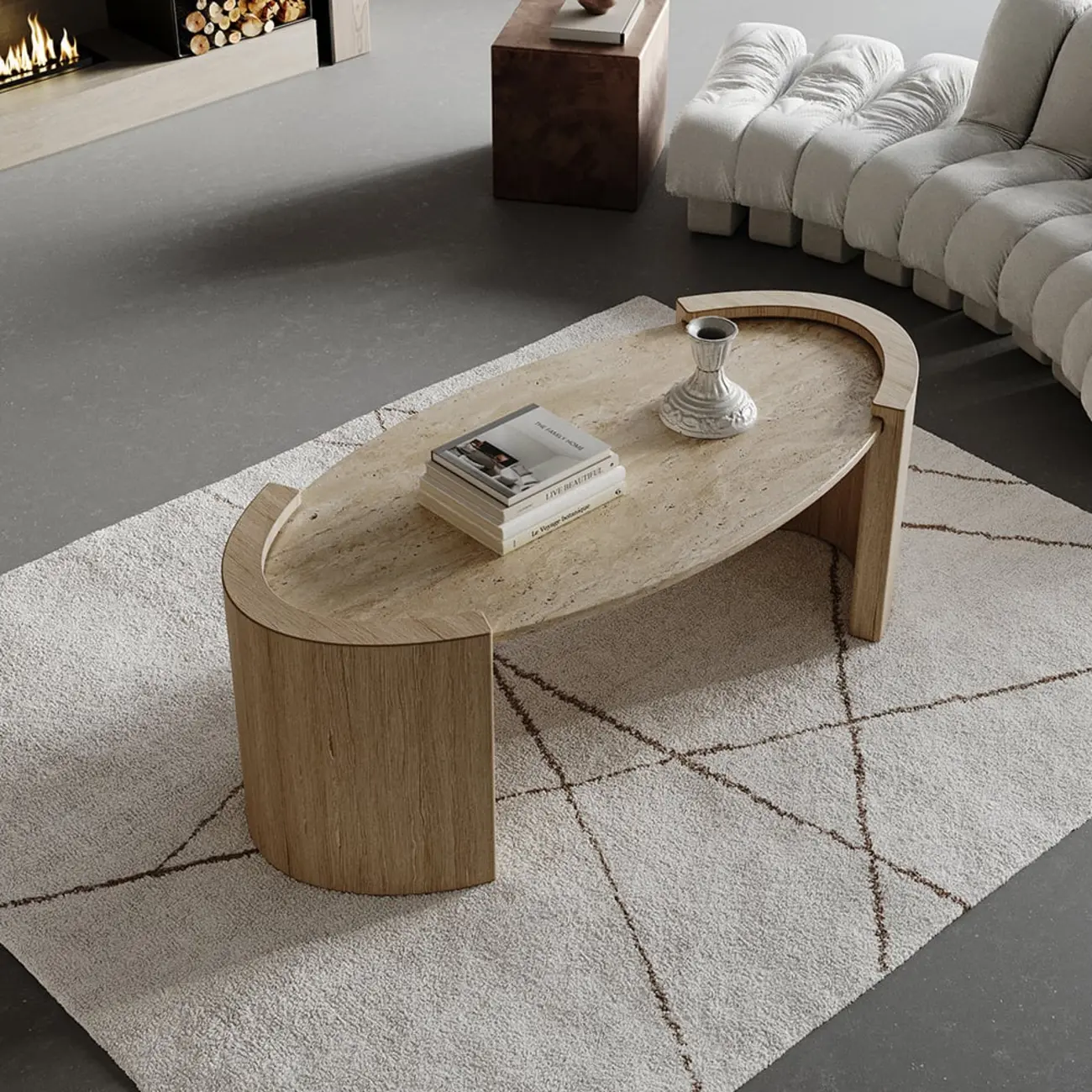 Japandi Oval Travertine Coffee Table in Double Pedestal