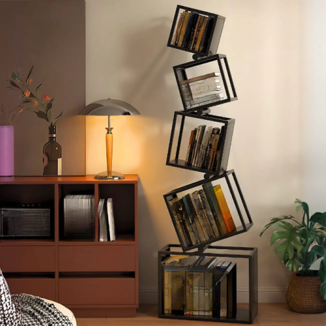 73H Black Metal Geometric Open Cube Bookcase