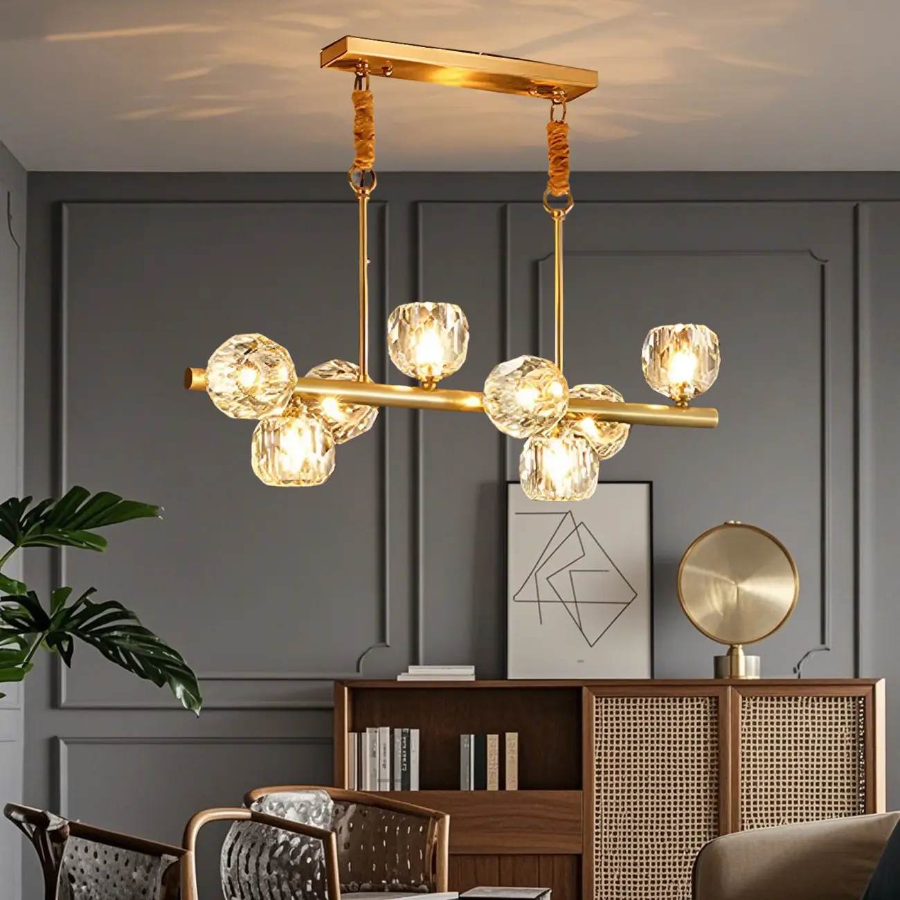 Large Linear Metal Crystal Gold Pendant Light for Kitchen