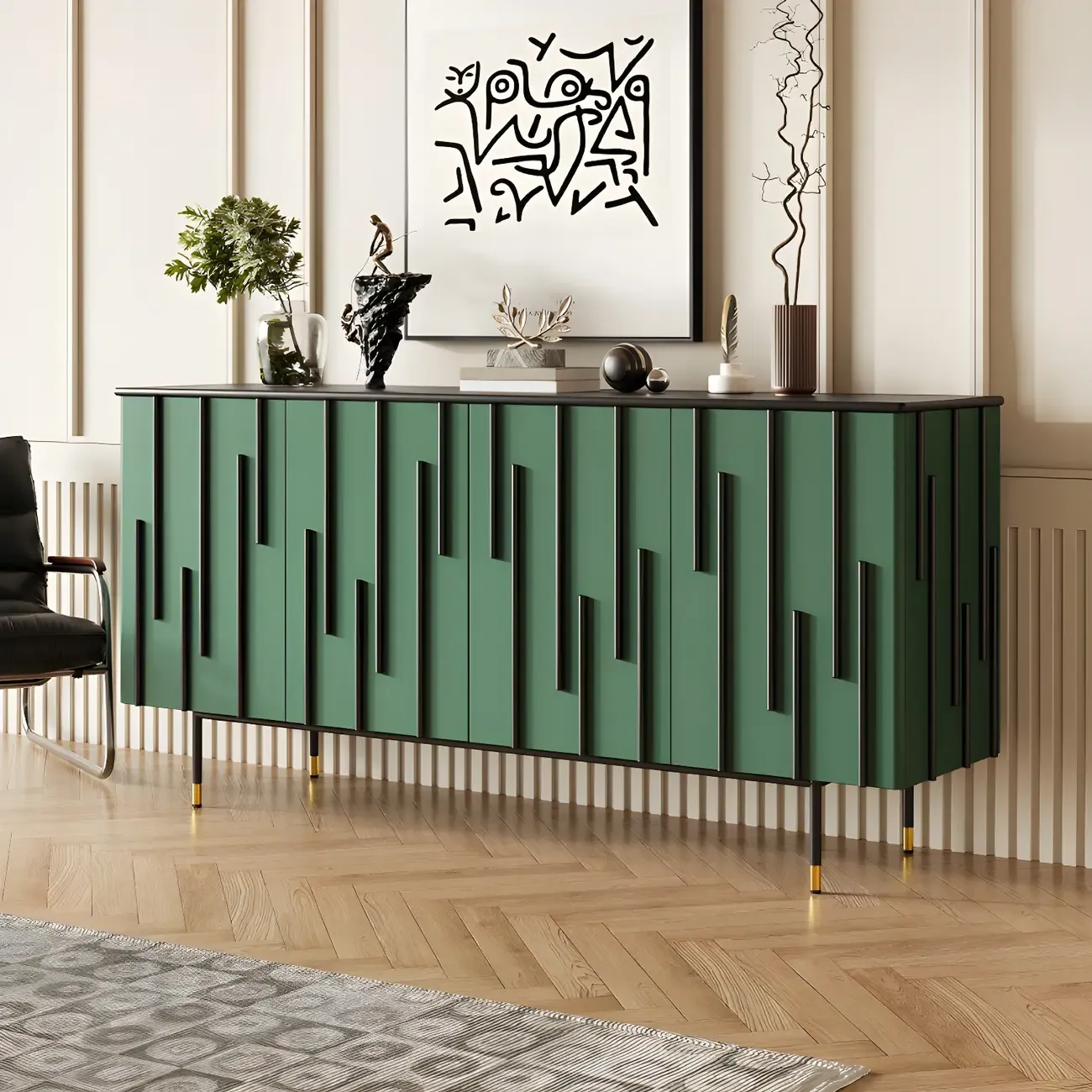 Unique Glam Wooden Sideboard Cabinet in Green/Brown