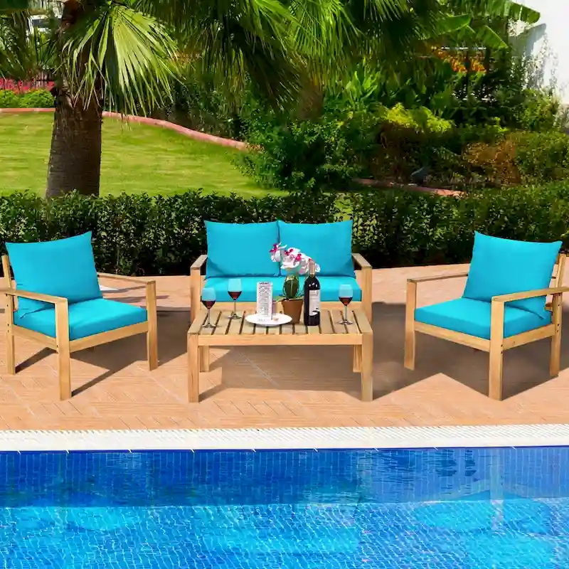Gymax 4PCS Patio Acacia Wood Conversation Furniture Set w/ Turquoise - See Details