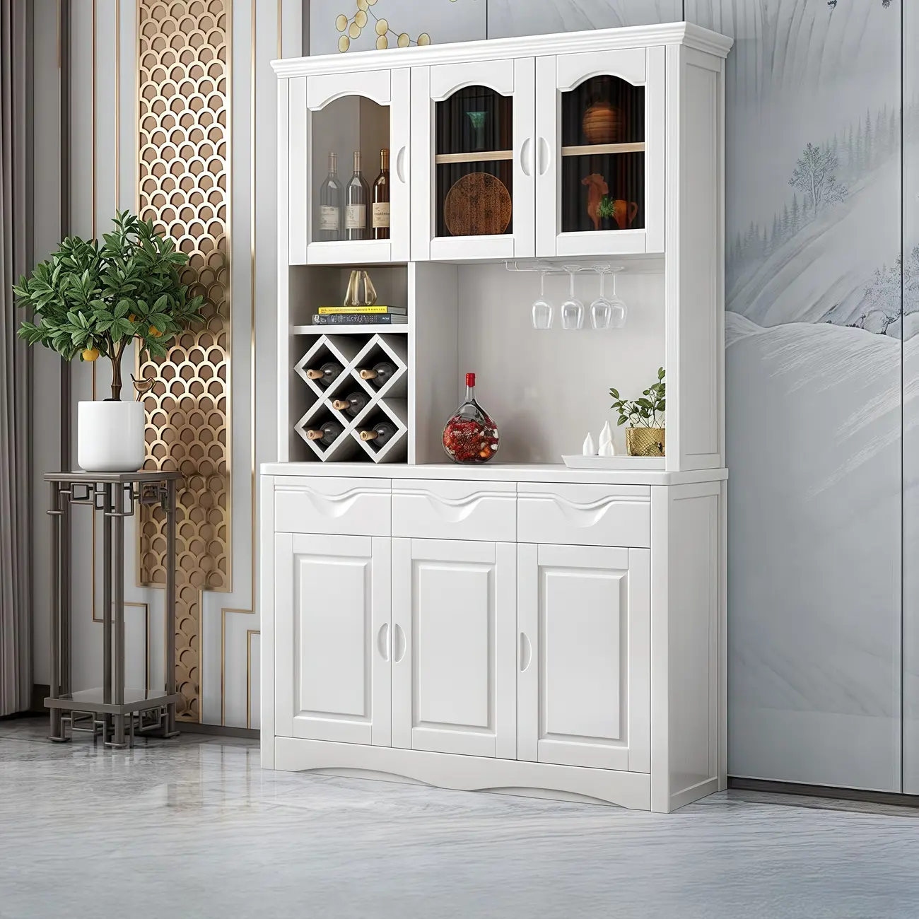 Kitchen Wooden White Cabinet Sideboard Built-in Wine Rack