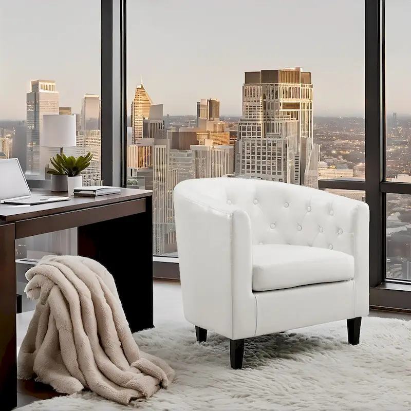 Accent Chair, Button Tufted Faux Leather Barrel Chair, Midcentury Modern Accent Chair, Comfy Armchair, Tub Barrel Chairs