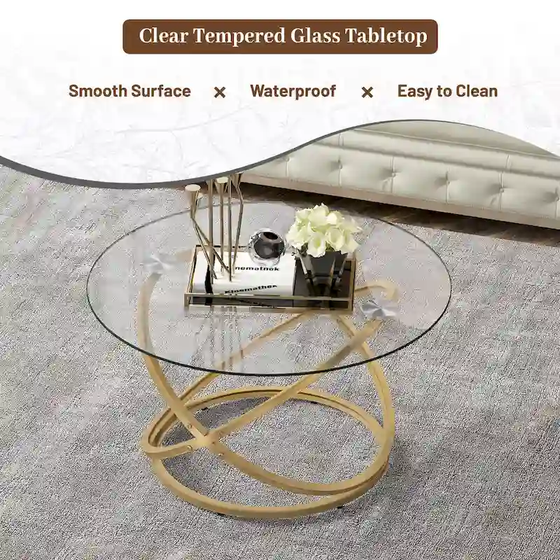 Myhozm Accent Round Glass/Stone Top Coffee Table with Metal Base