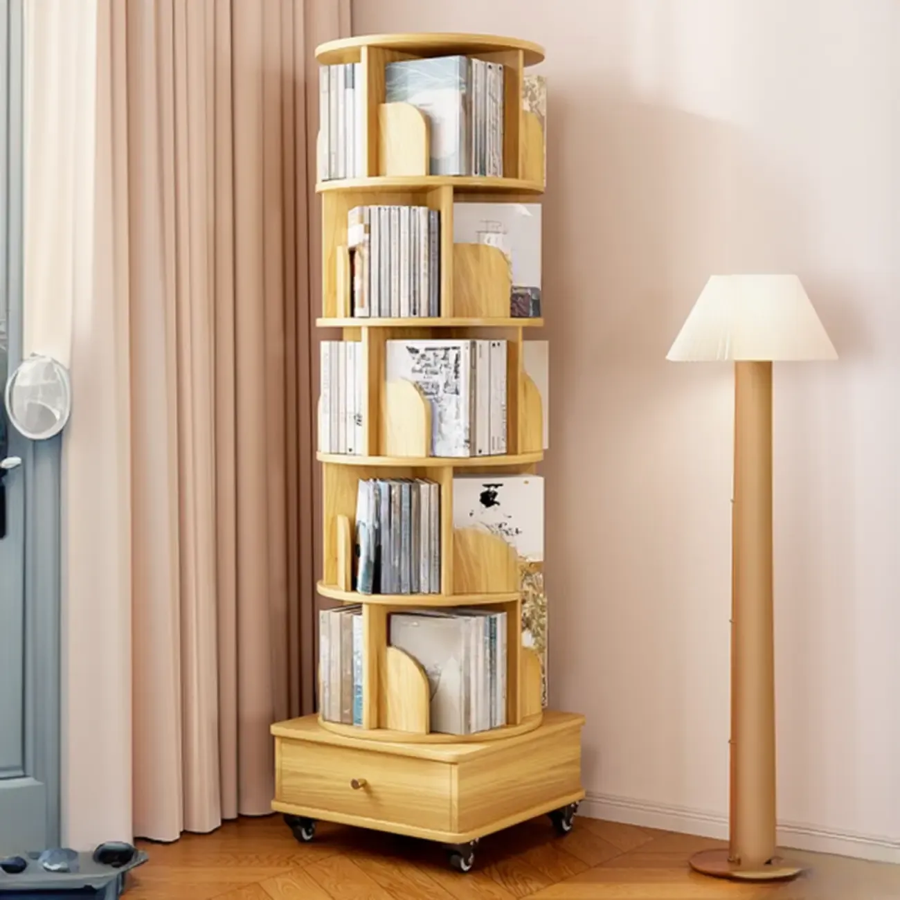 Narrow Wood 5-Tier Revolver Sliding Bookcase with Drawer