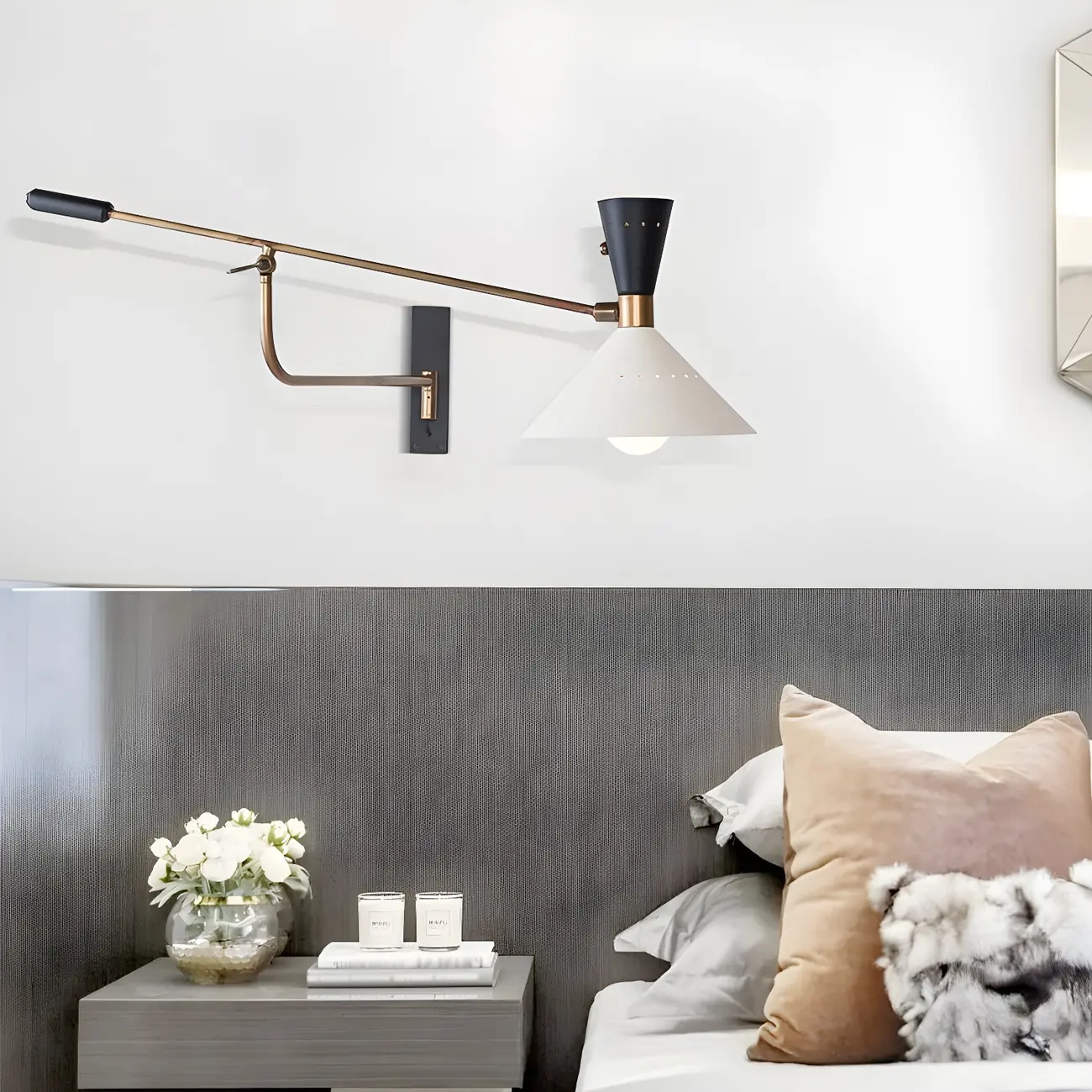 Modern Brass White Conical Arm Swing Wall Light