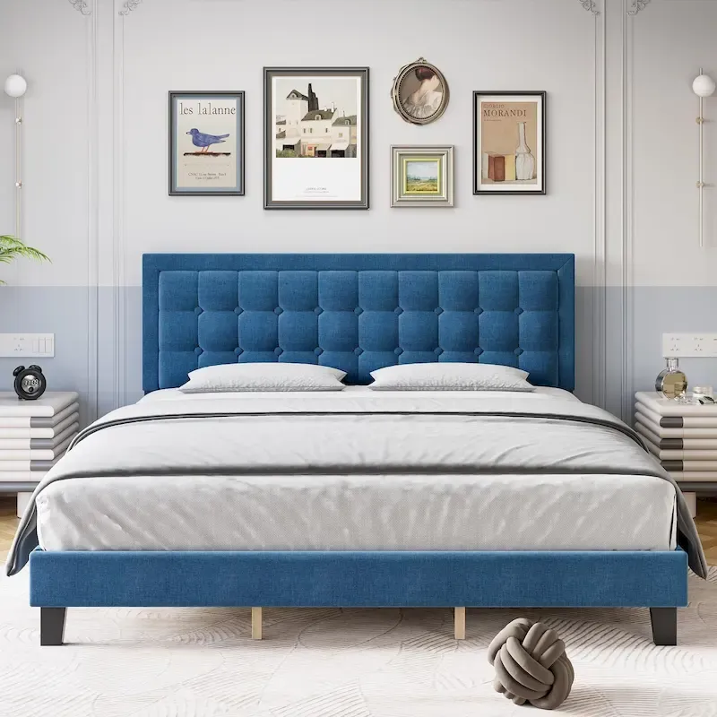 Modern Upholstered Platform Bed with Button Tufted Headboard