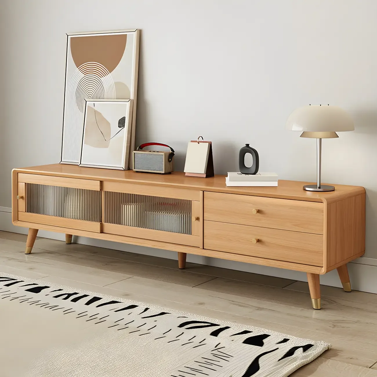 87 Nordic Natural Wood Storage TV Stand with Sliding Doors