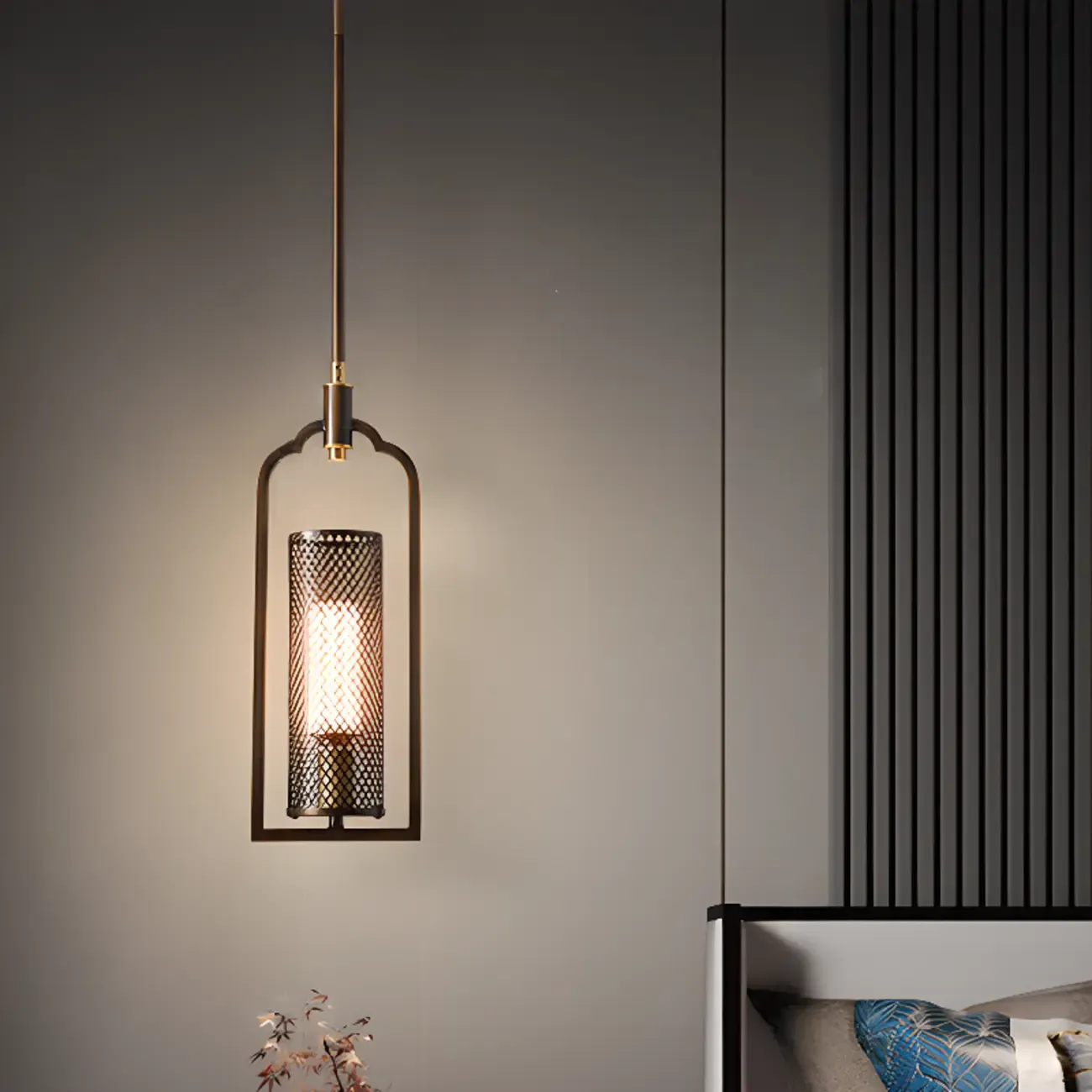 Antique Brass Cylinder Pendant Light with Copper Mesh Shade