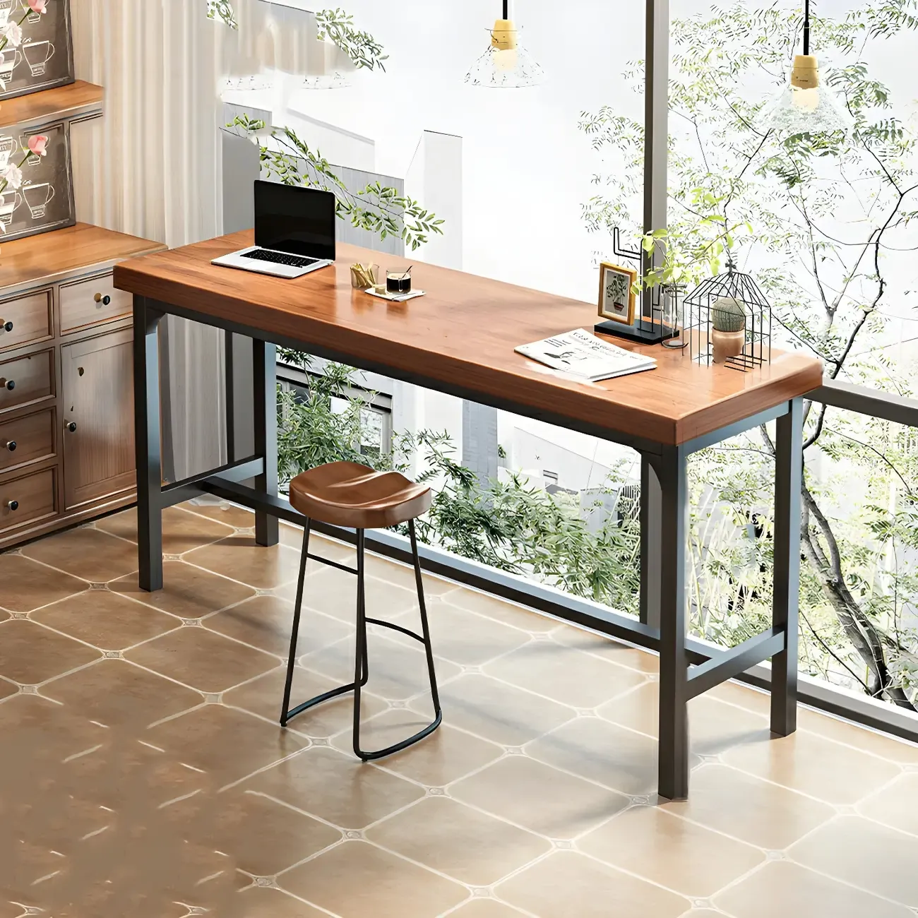 Modern Faux Wood Bar Table Set with Backless Stools
