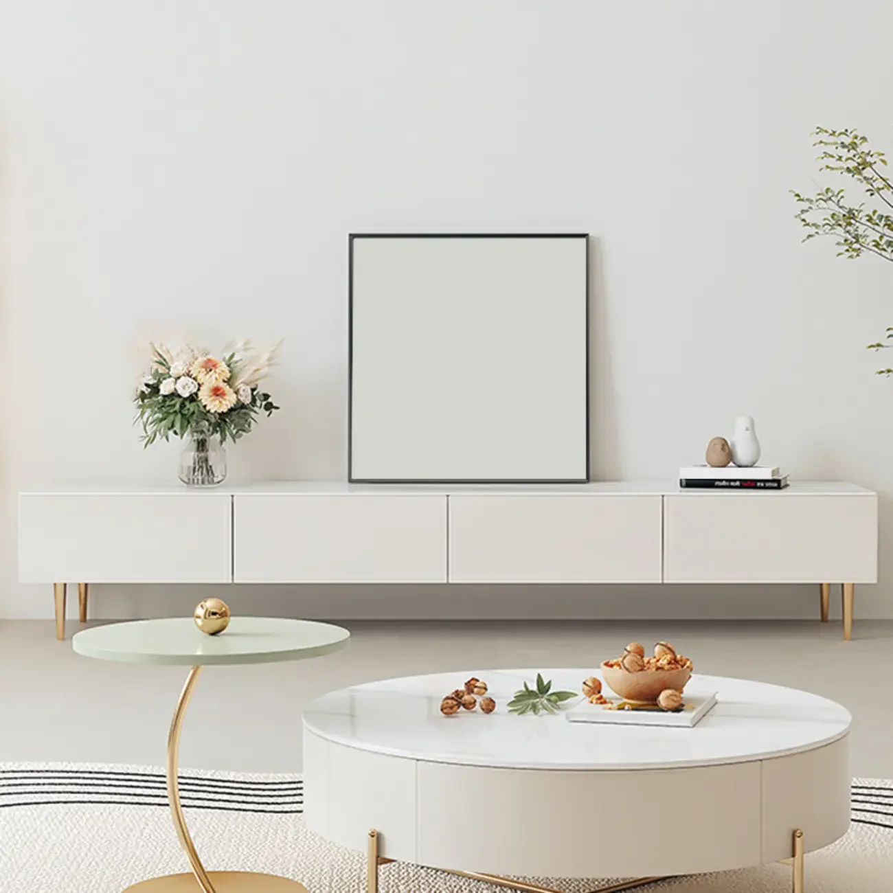 White Stone Cable Management Drawers TV Stand with Legs