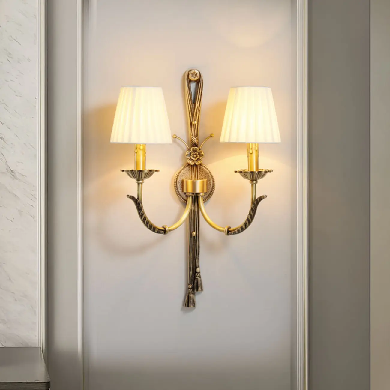Geometric Vintage Dual Arm Brass Fabric Wall Sconce for Indoor