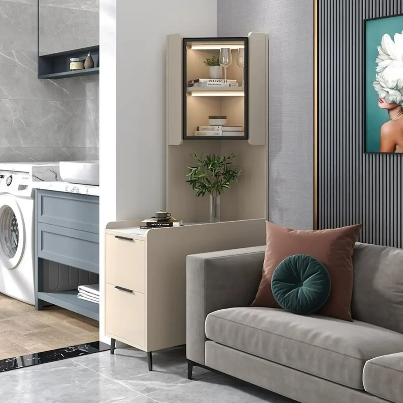 Modern Khaki Wooden Corner Lighting Storage Cabinet