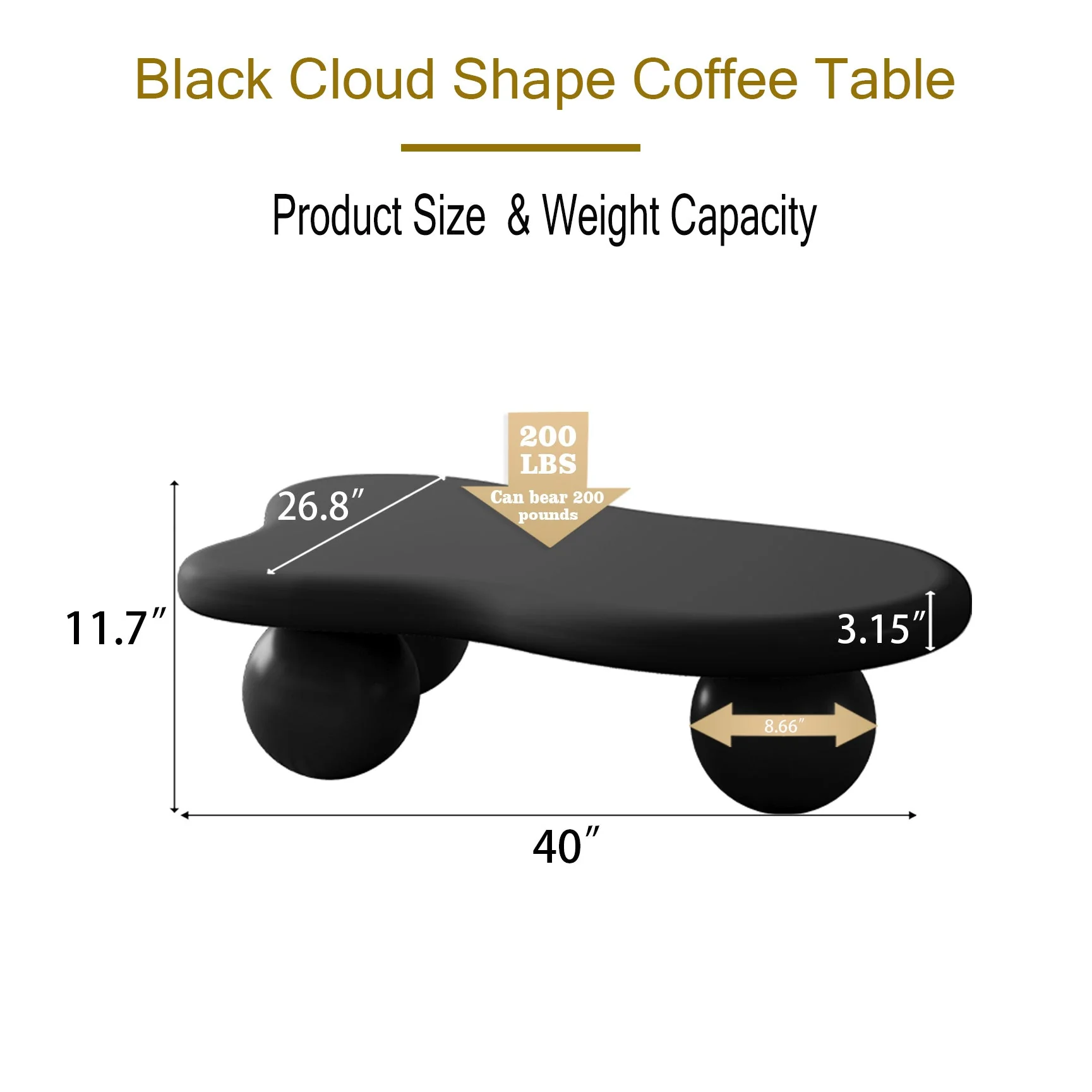40 Inch Cloud Shaped Coffee Table with 3 Ball Legs for Living Room, Black