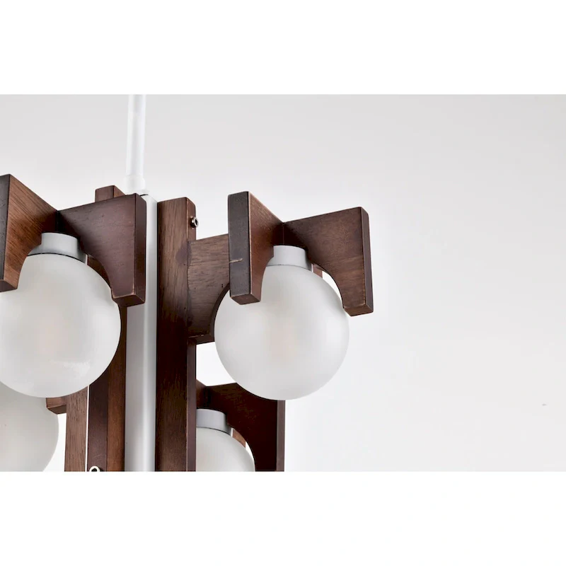 12  Tripner White Finish and Stained Wood Pendant Ceiling Lamp with Opaque Globes