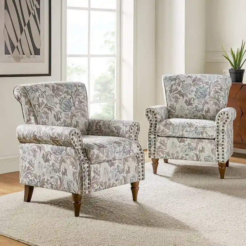 Nyctelius Traditional Polyester Accent Arm Chair with Pattern and Nailhead Trim Set of 2 by HULALA HOME