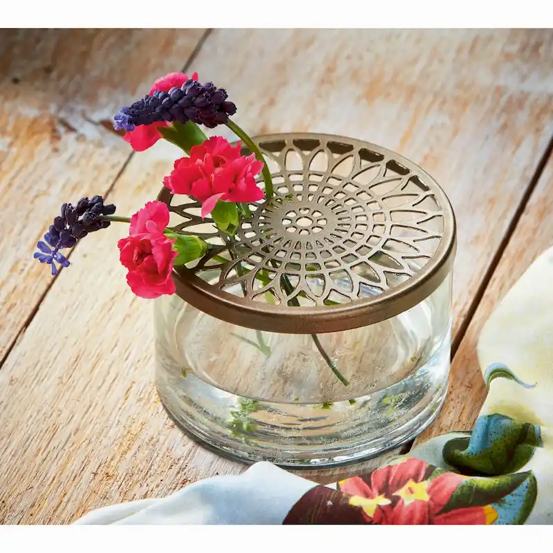 Girasol Flower Frog Clear Glass Cylinder Vase Small Antique Bronze Lid, 5.0L x 5.0W x 3.25H