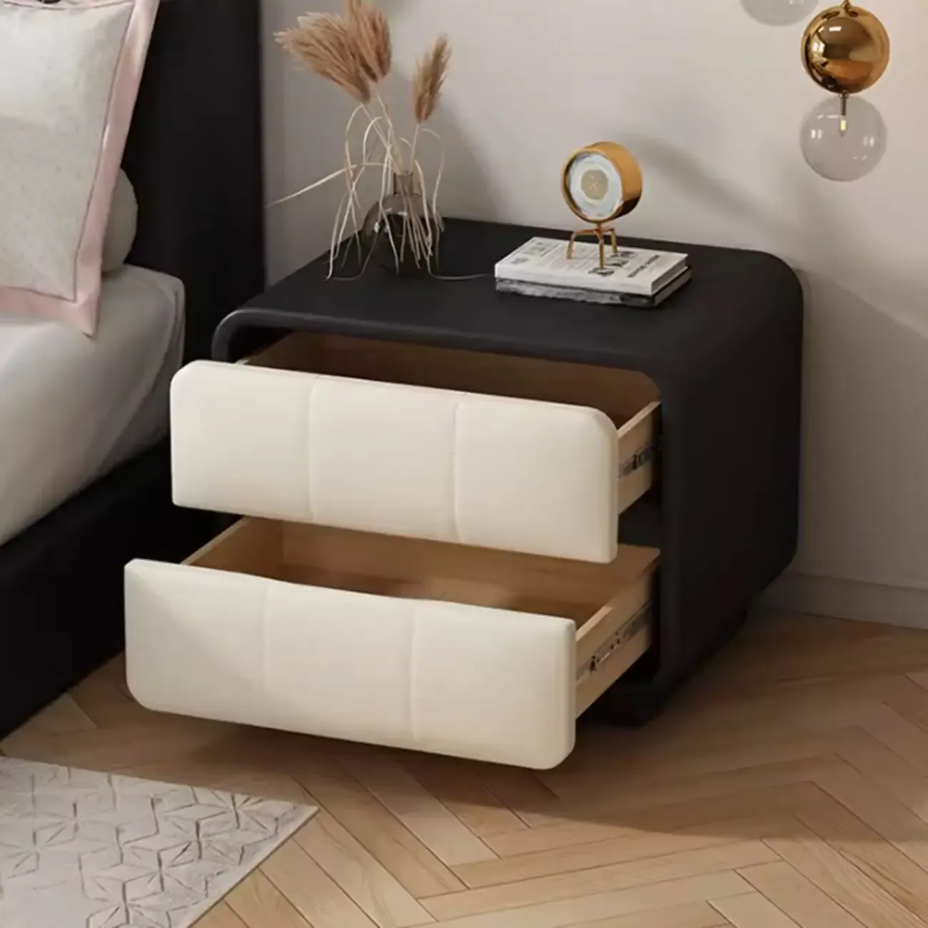 Modern Leather Wood Soft-Line 2 Drawer Nightstand