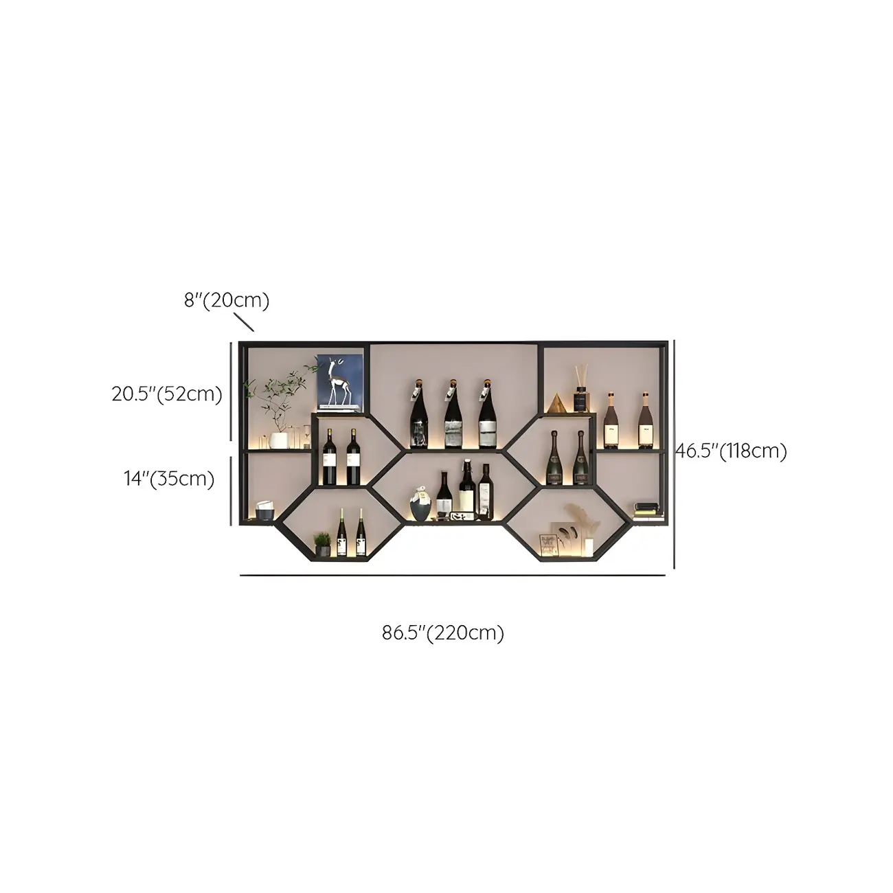 Black Metal Wall-Mounted Lighted Wine Rack