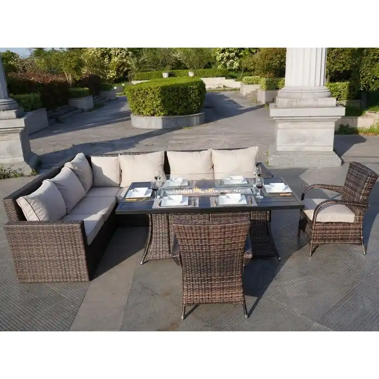Patio Rattan Sofa Set with Alum Dining Table and Chairs